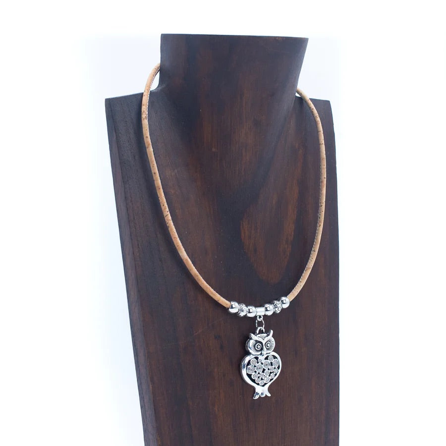 Angelco Accessories Owl Cork Necklace on brown wood bust