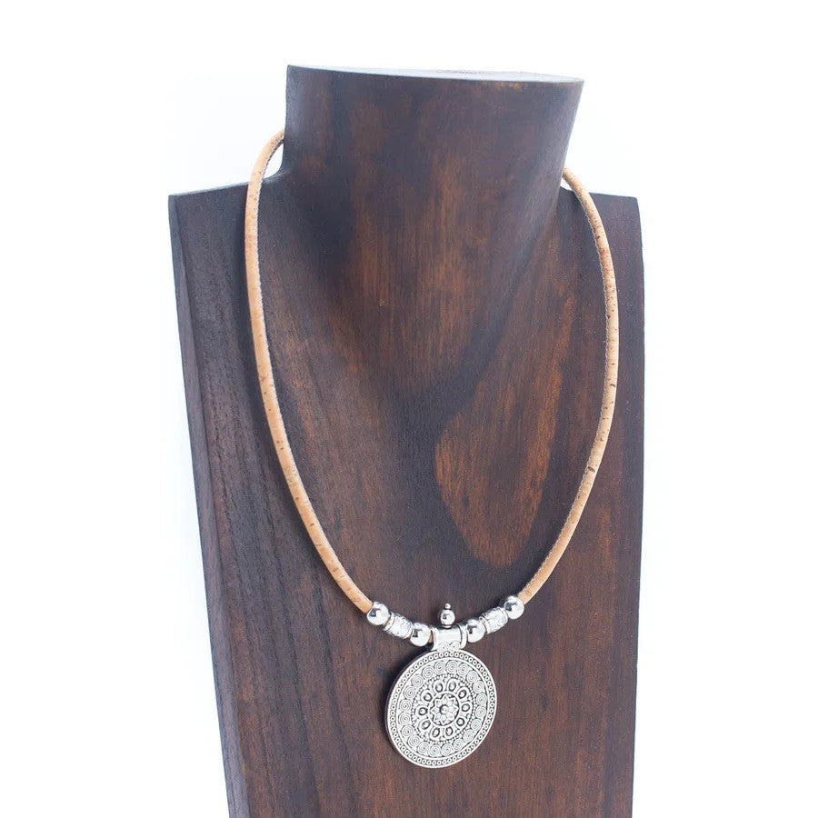 Angelco Accessories Mandala Cork Necklace on  dark brown wood bust