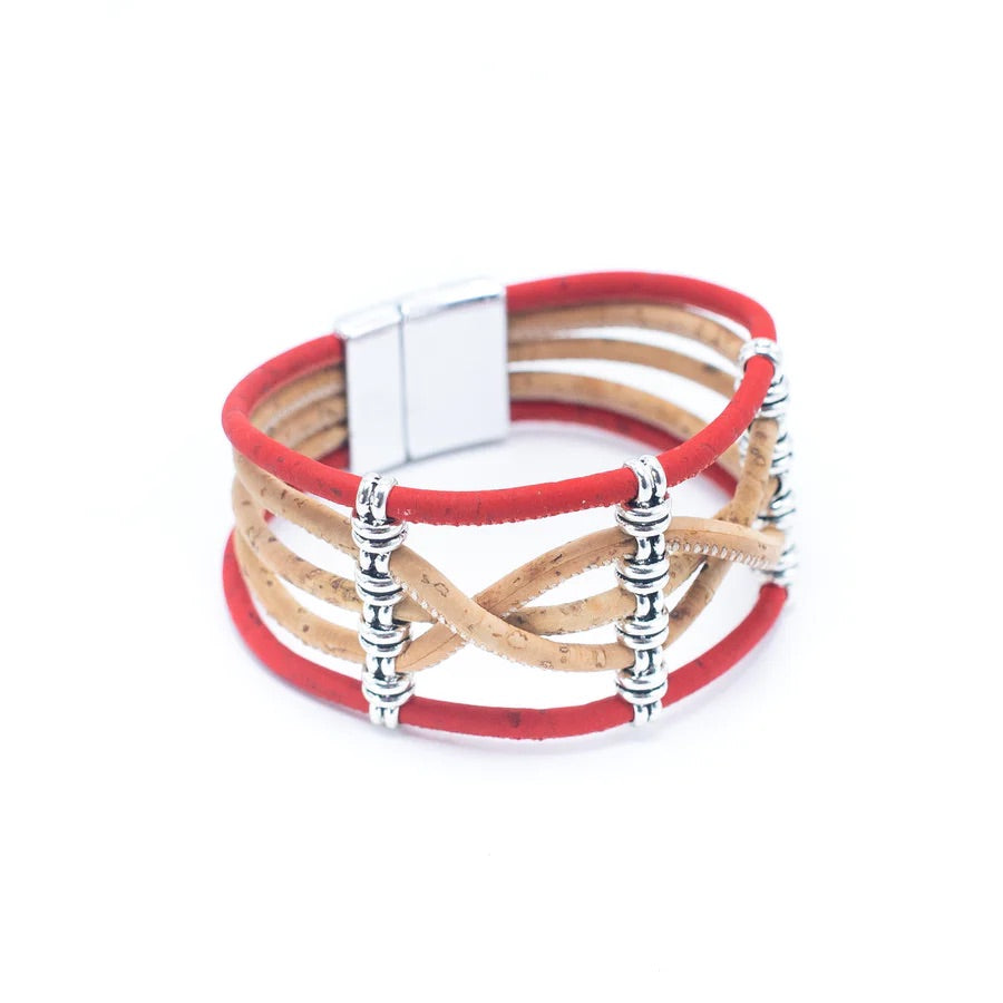 Angelco Accessories twisted lines cork bracelet in red - angled view on white background