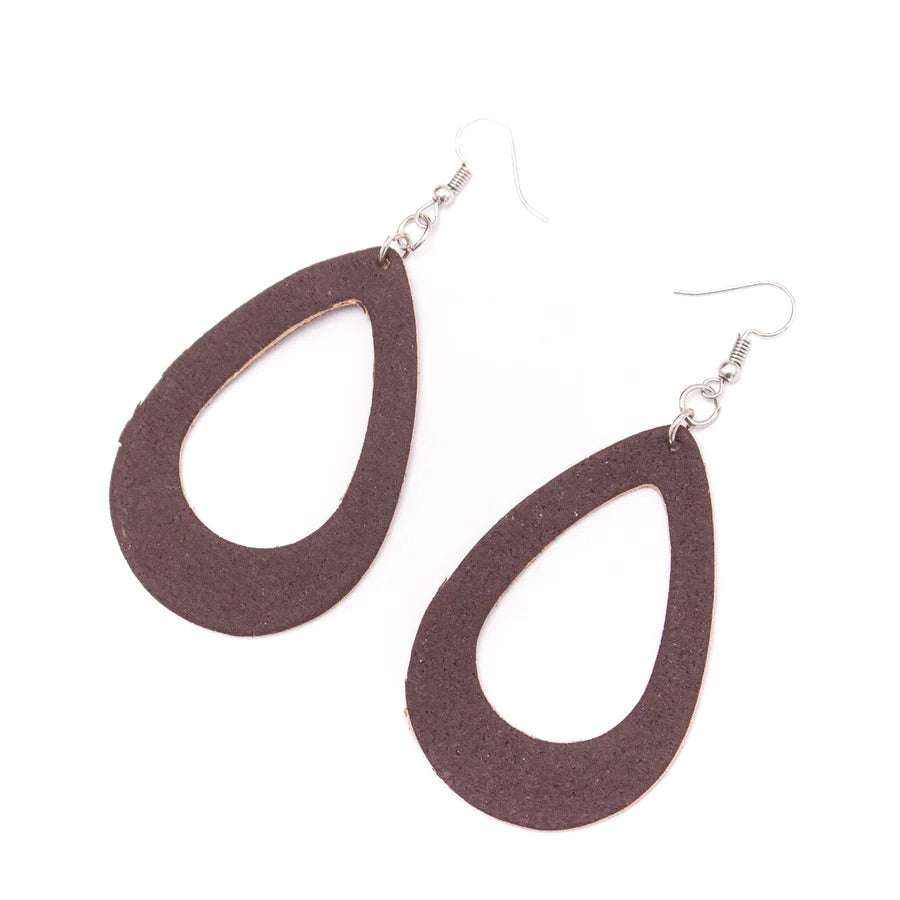 Angelco Accessories Open teardrop dark brown cork drop earrings on white flatlay