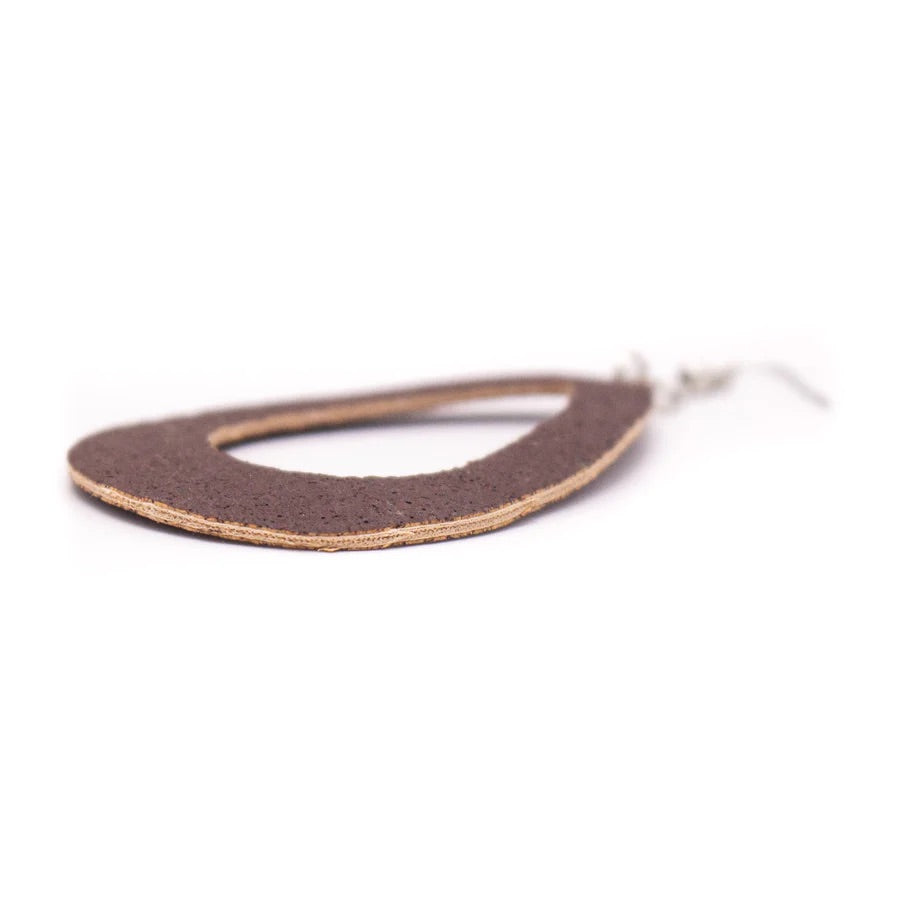 Open teardrop dark brown cork drop earrings close up side view