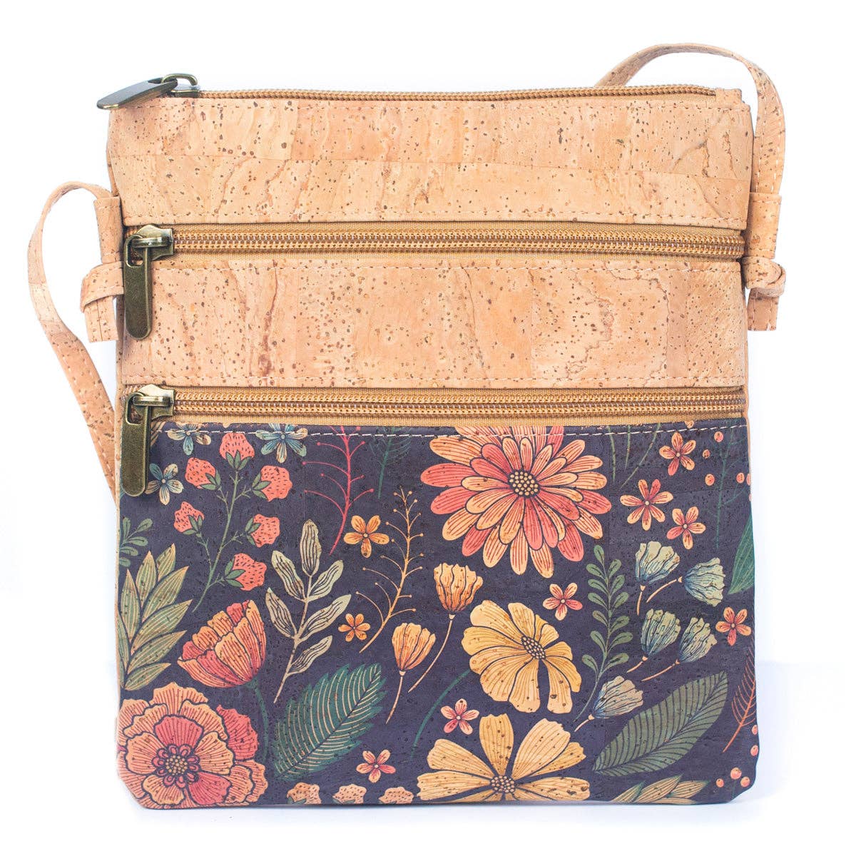 Angelco Accessories - Triple section crossbody bag - black floral, front view on white background