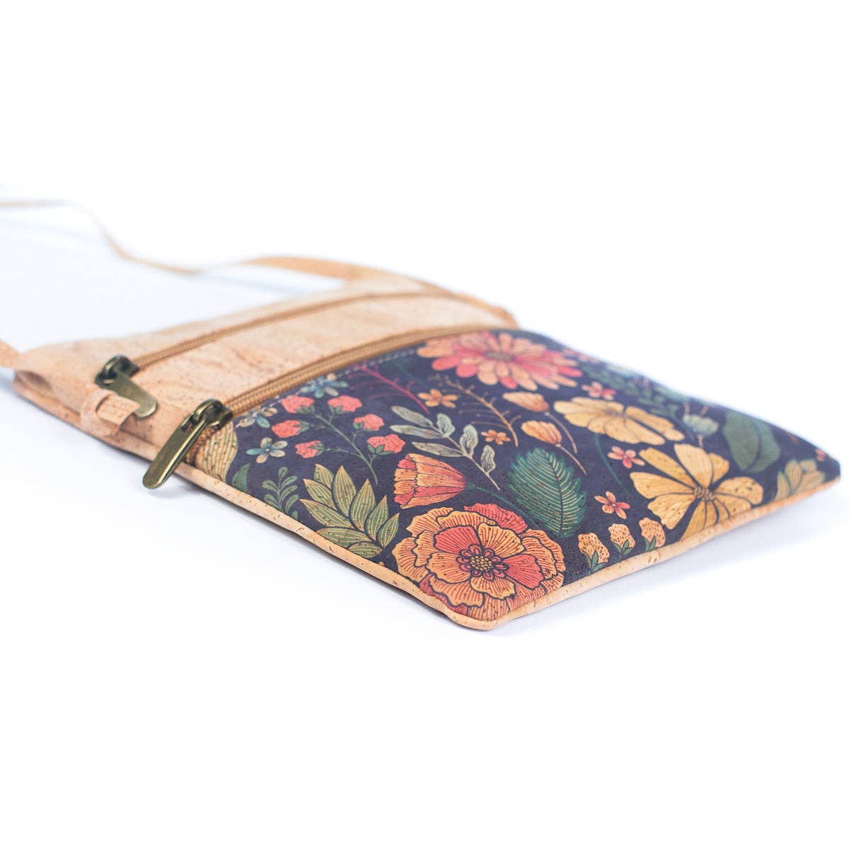 Angelco Accessories - Triple section crossbody bag - black floral, low angle view on white flatlay