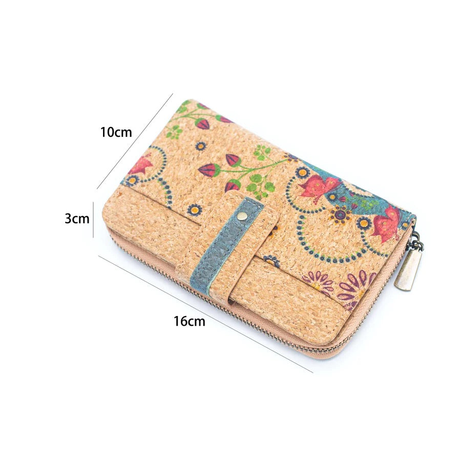 Angelco Accessories Printed mid size cork wallet on white flatlay  showing wallet measurements