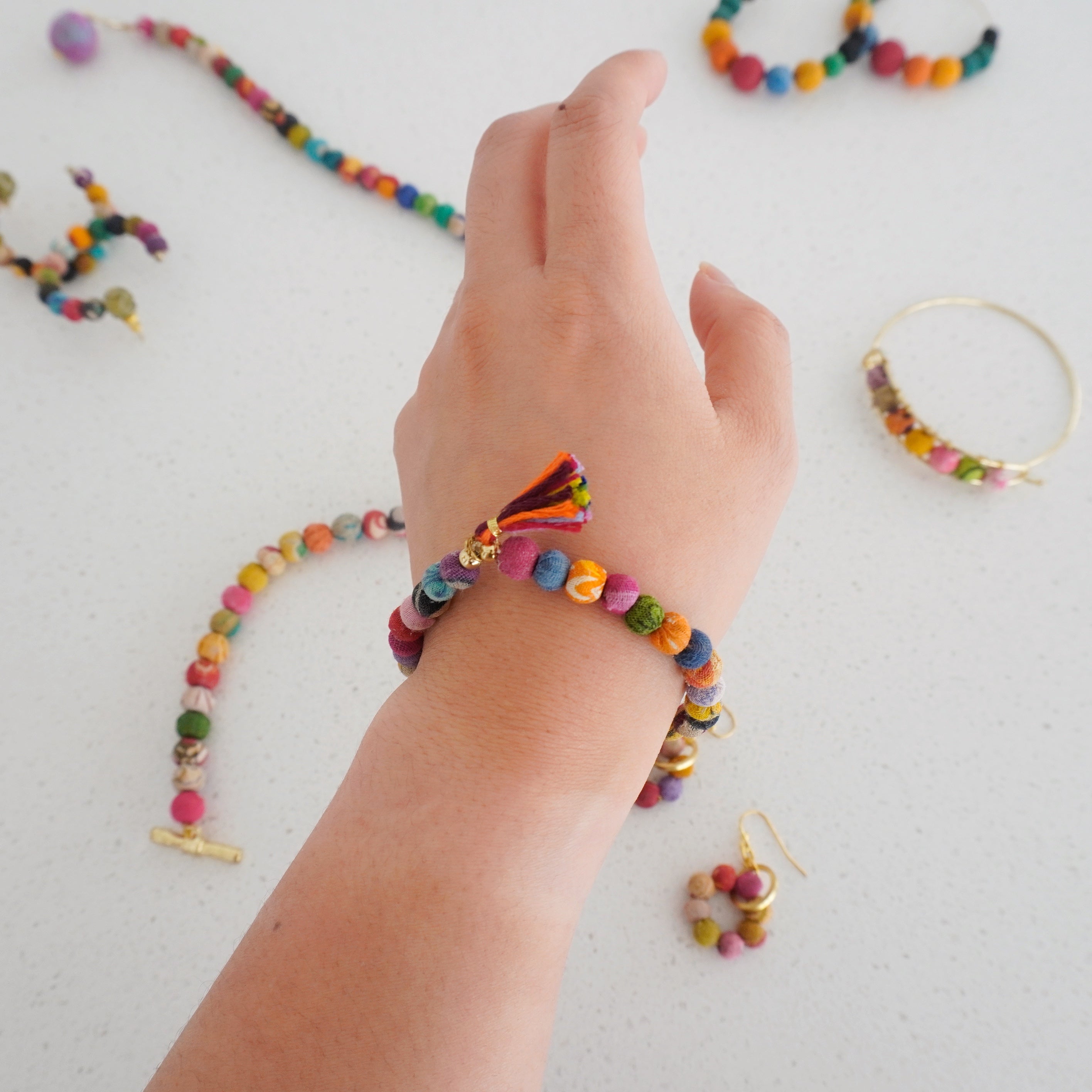 Angelco Accessories Tasseled kantha bracelet  - close up on model's wrist