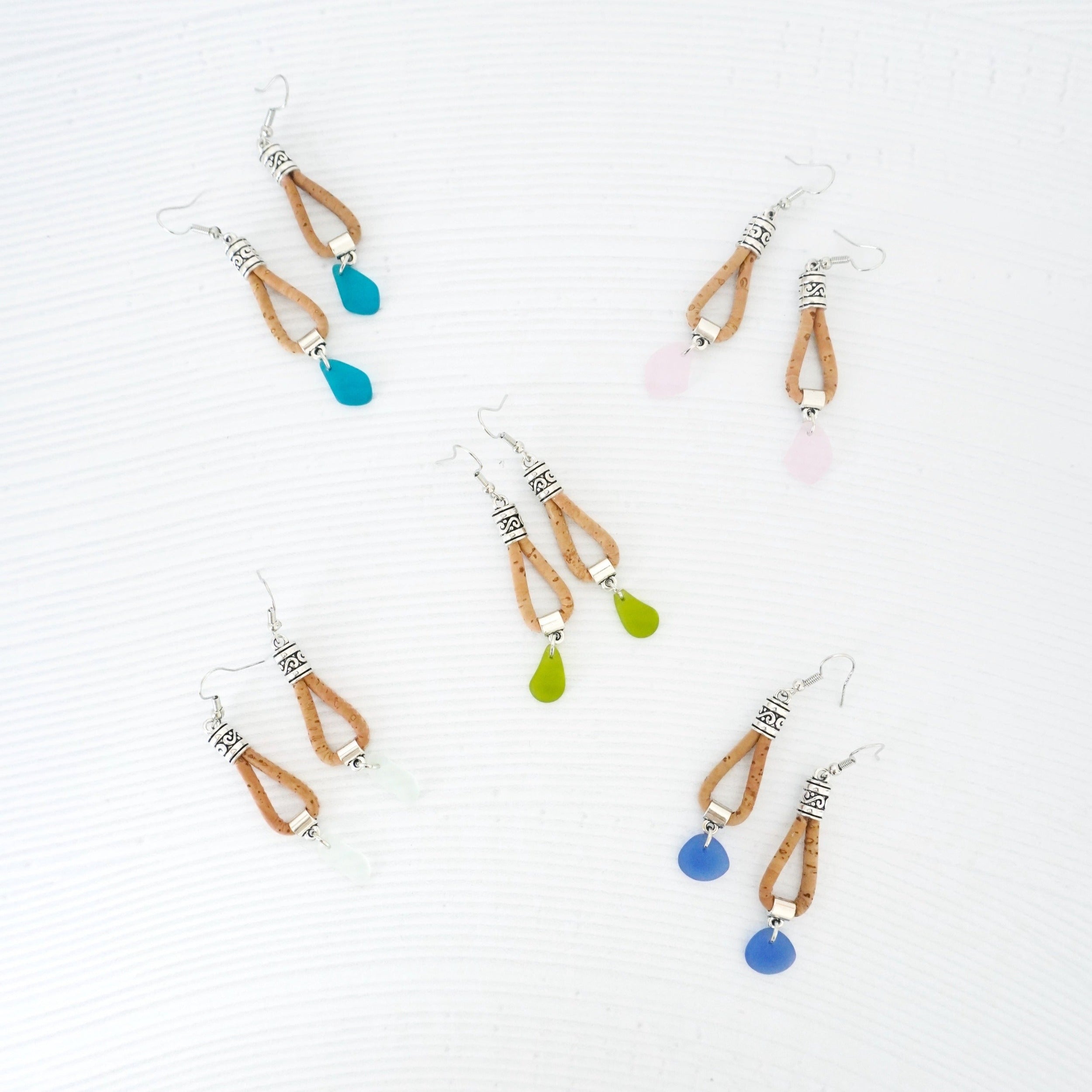 Sea glass cork drop earrings