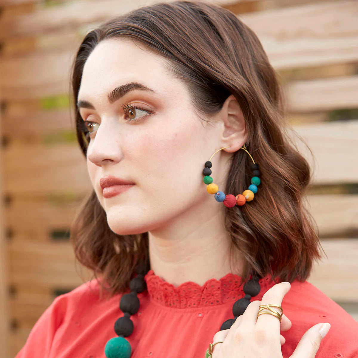 Angelco Accessories Galaxy kantha hoop earrings as worn by model