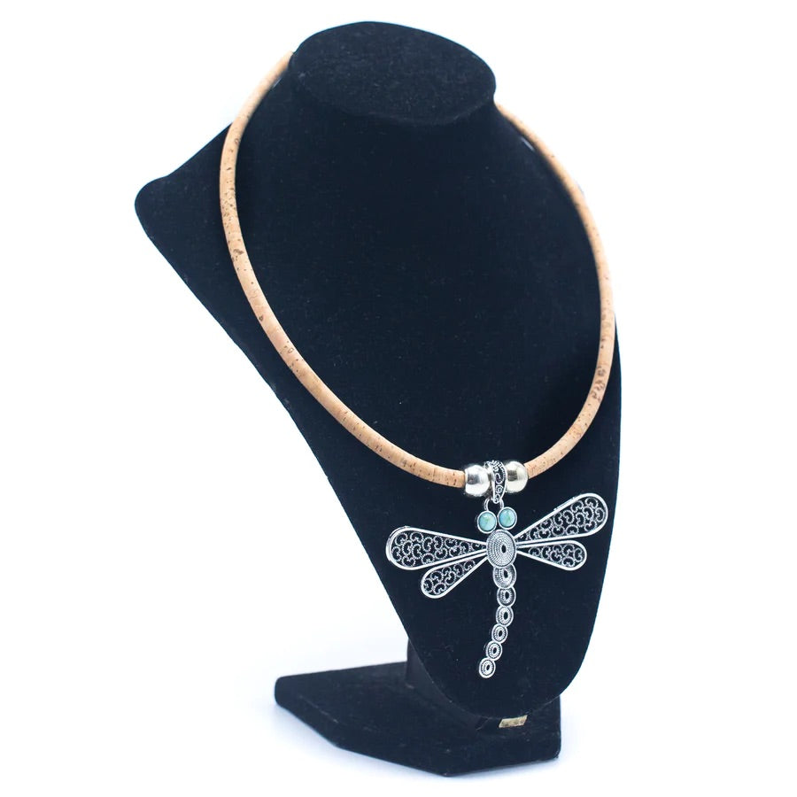 Angelco Accessories Turquoise dragonfly pendant cork necklace  - shown on black bust