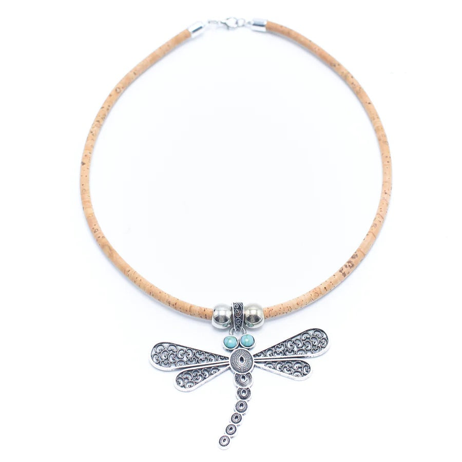 Angelco Accessories Turquoise dragonfly pendant cork necklace  - whole necklace on white flatlay