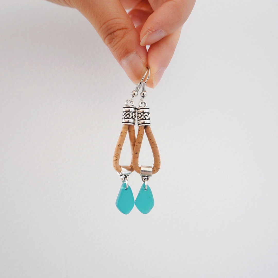 Sea glass cork drop earrings