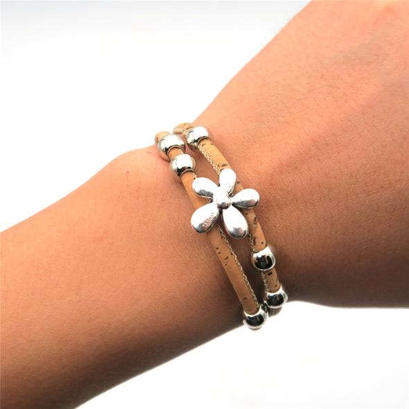 Angelco Accessories Silver Flower and Bead Double Strand Cork Bracelet