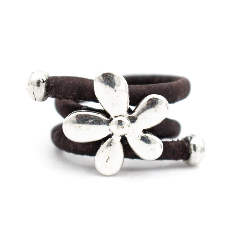 Angelco Accessories Silver flower and bead cork ring - dark brown