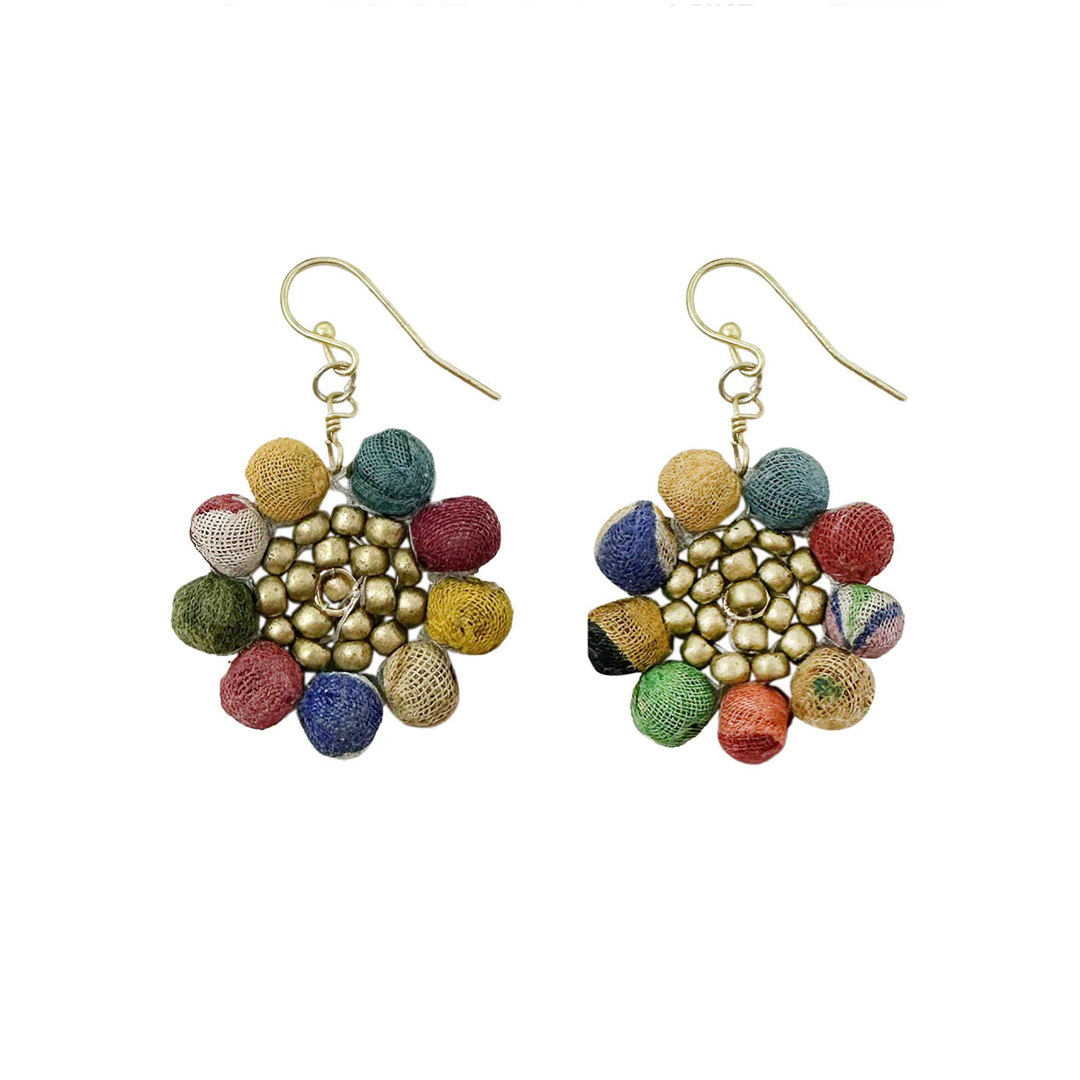 Angelco Accessories Sunny flower kantha earrings in flat-lay on white background